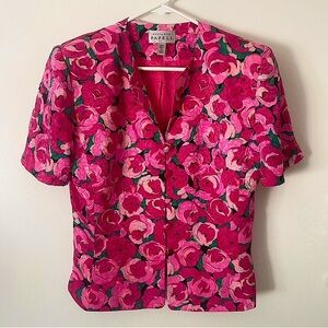 Vintage 100% Silk Pink Floral Blouse Button-Up Top Padded Shoulder Barbiecore 10